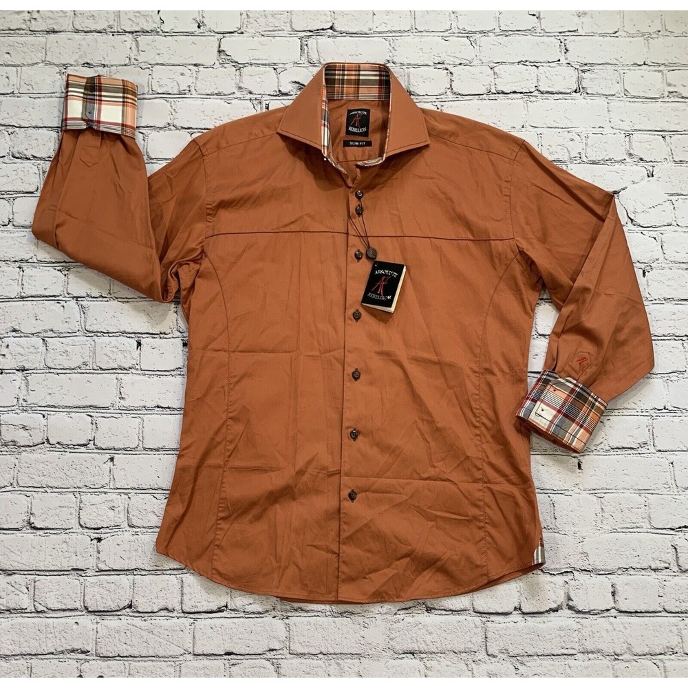 NWT Absolute Rebellion Men's L Slim Fit Orange Plaid Flip Cuff Shirt